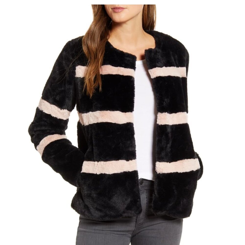 Rachel Parcell Stripe Faux Fur Jacket Black Pink Smoke S